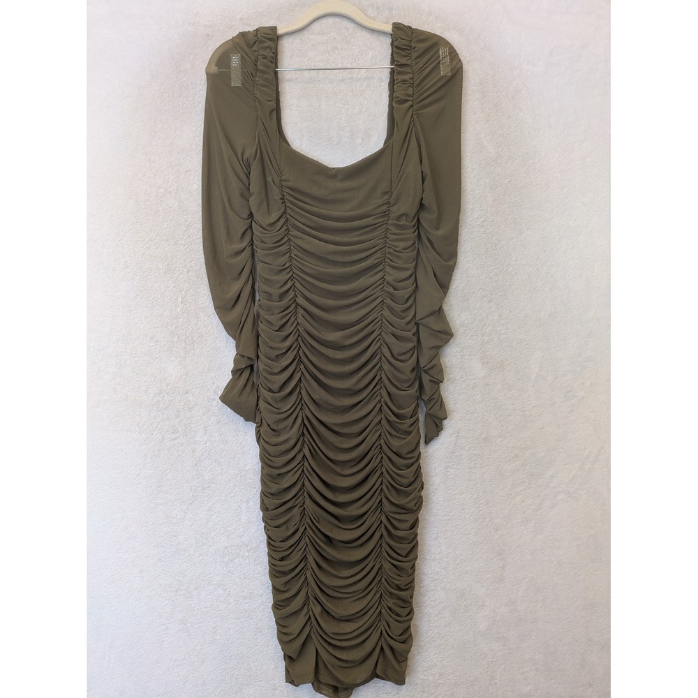 SHEIN Bodycon Dress Women's Size 6 Olive Green Ruched Mesh Square Neck Midi